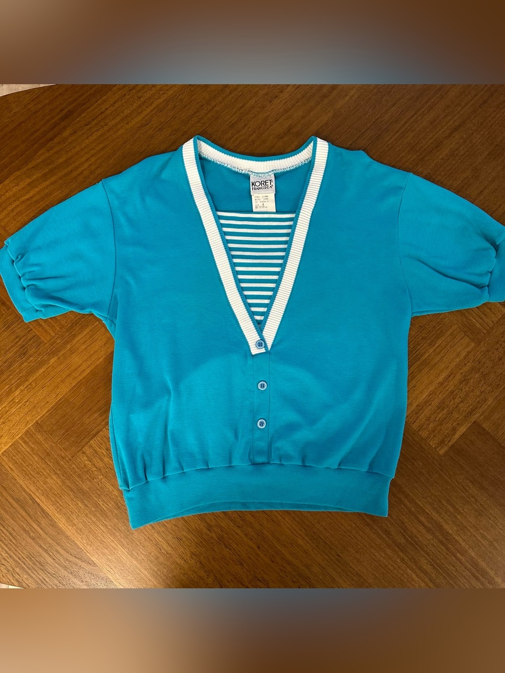 Vintage 80s 90s Koret Francisca Teal & White Jersey Short Sleeve Sweatshirt Top - Picture 5 of 7